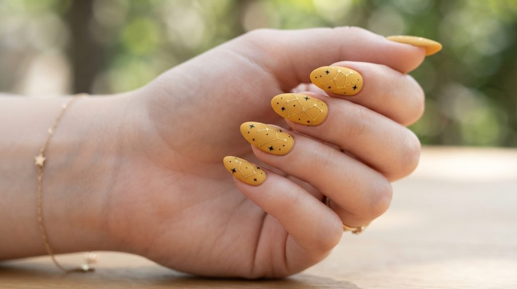 Delicate gold stars and black constellation line art on matte yellow nail.