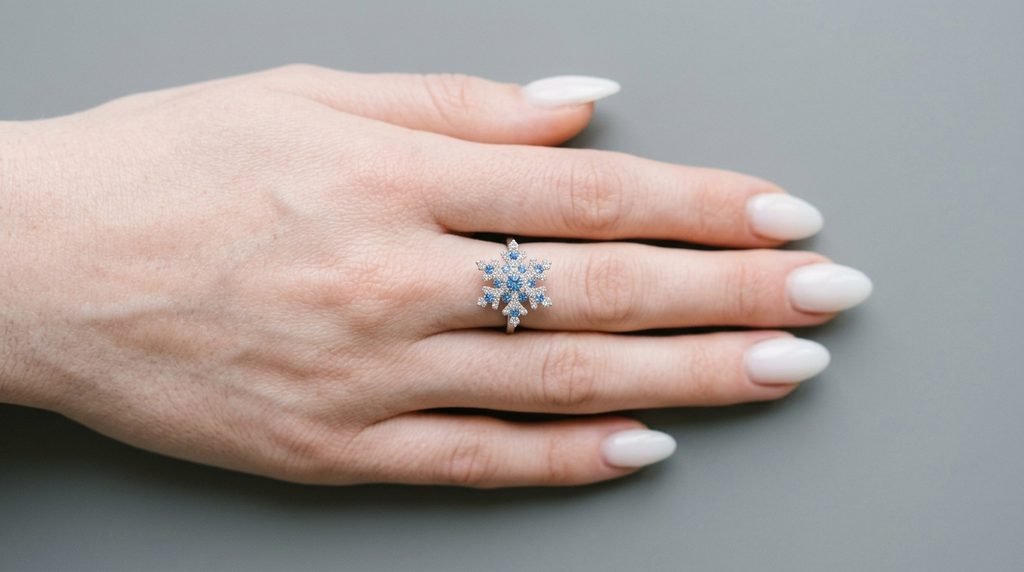 Overhead view of hand with almond nails, focusing on a detailed 3D crystal snowflake charm on the ring finger.