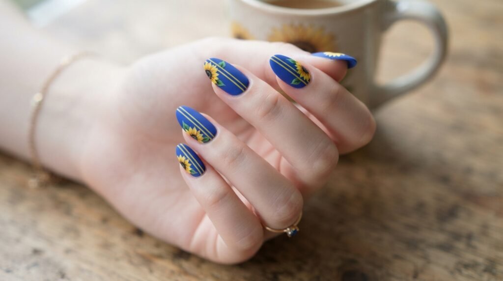 Slim almond nails painted matte cobalt blue with vertical yellow stripes and side sunflower art.