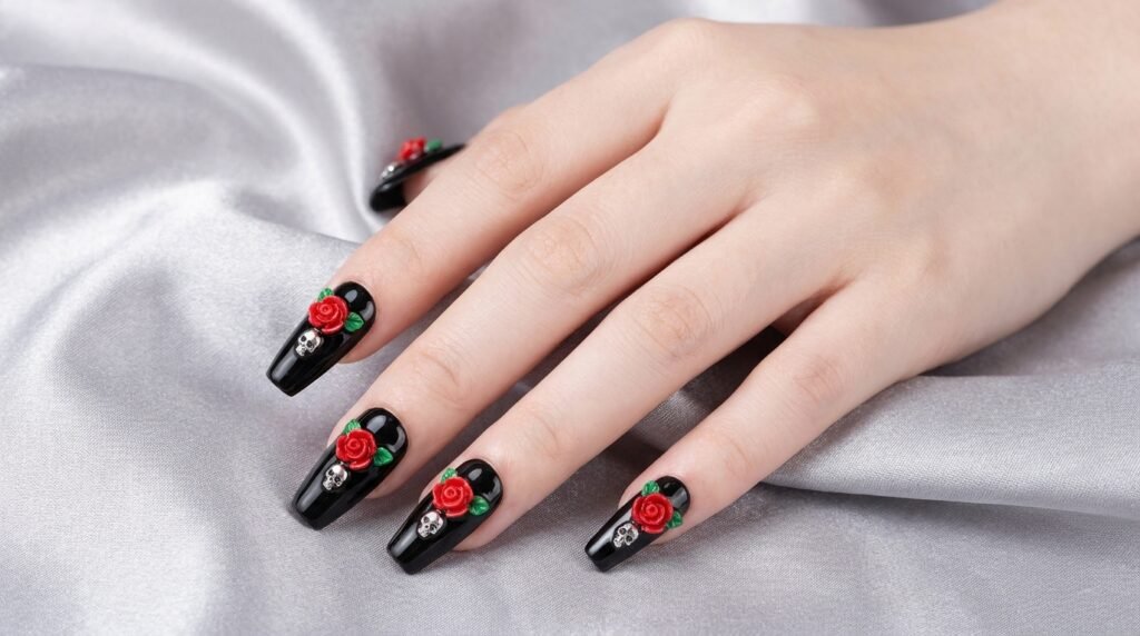 Close up of female hand with smooth very white skin displaying black coffin nails with red 3D roses and silver skulls on silver satin.