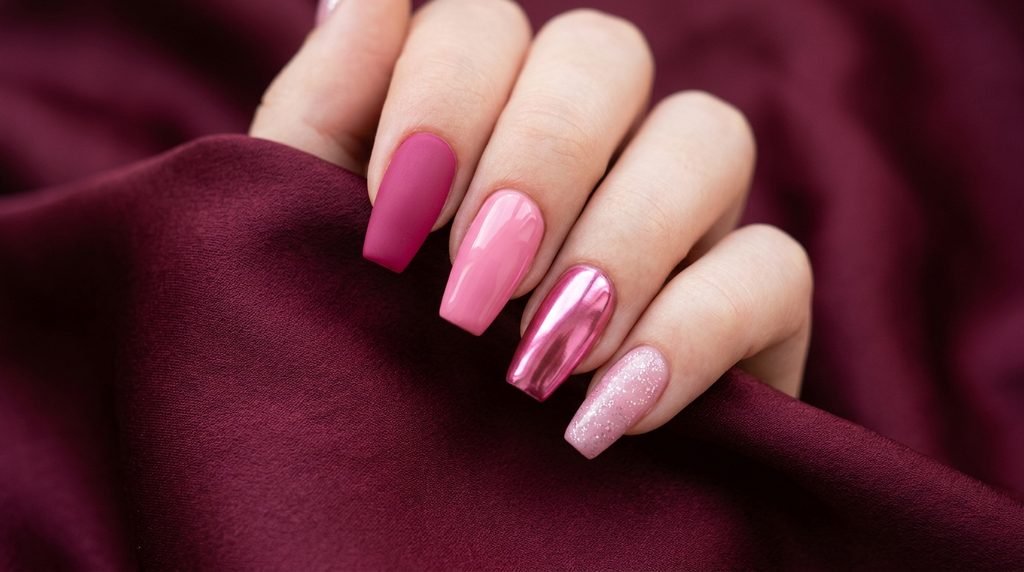 Close-up photograph of an 18-year-old female hand with very white skin, showcasing diverse medium-length coffin nails with matte magenta, glossy bubblegum, hot pink chrome, and silver sparkle pink finishes, posed against a luxurious deep burgundy silk background.