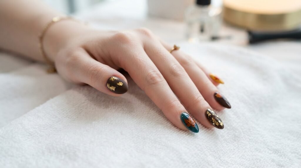 All 5 mismatched fall nails displayed cleanly on a white salon towel.