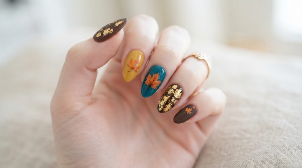Full set of 5 press-on mismatched fall nails on an 18-year-old female hand.