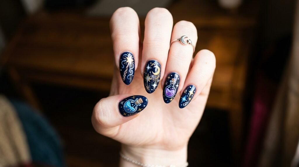 An 18-year-old female hand with white skin holding up an almond nail set with generic wizard nail art.
