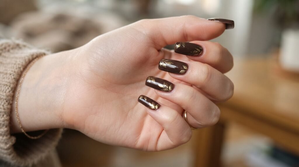Female hand with 5 fingers on white skin showing tiny leaf artwork on the pinky nail.
