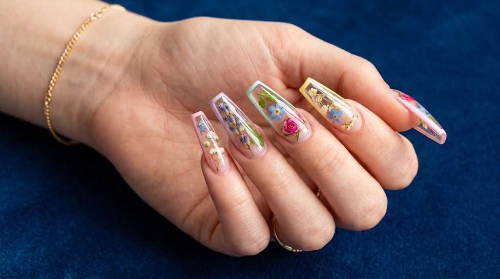 Long coffin acrylic nails with crisp pastel tips and encapsulated flowers on a female hand with white skin.