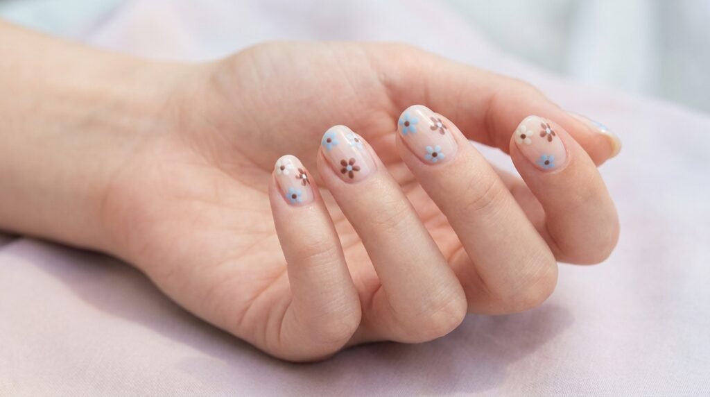 Short round milky nude nails with small blue and brown daisy floral art on a young female hand with very white skin tone.