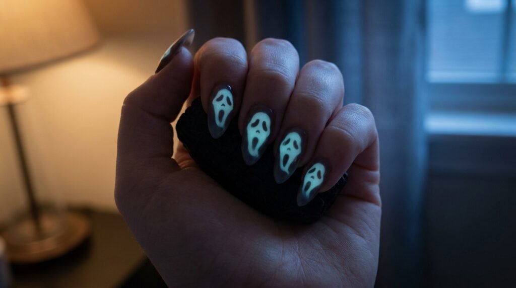 Glow in the dark ghost mask nail art on almond nails in dim lighting on light skin.