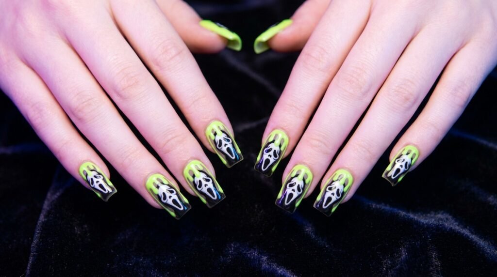 Long square nails with neon slime green drips and ghost mask nail art on white skin.