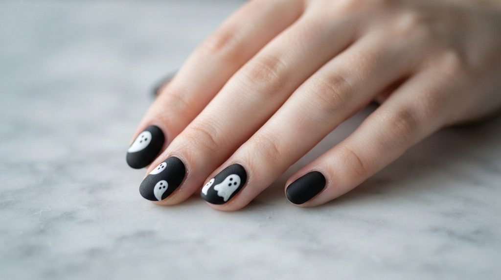 Close-up of matte black nails with painted white ghosts held against a light grey marble background on very white skin.