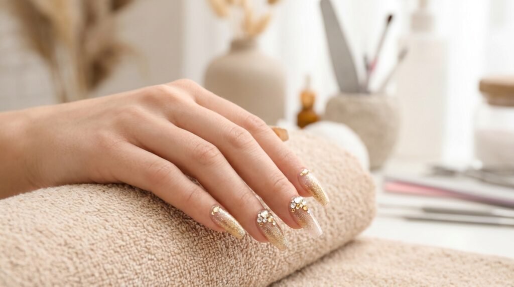 Coffin nails with gold glitter gradient and clear 3D rhinestones clustered near the cuticle.