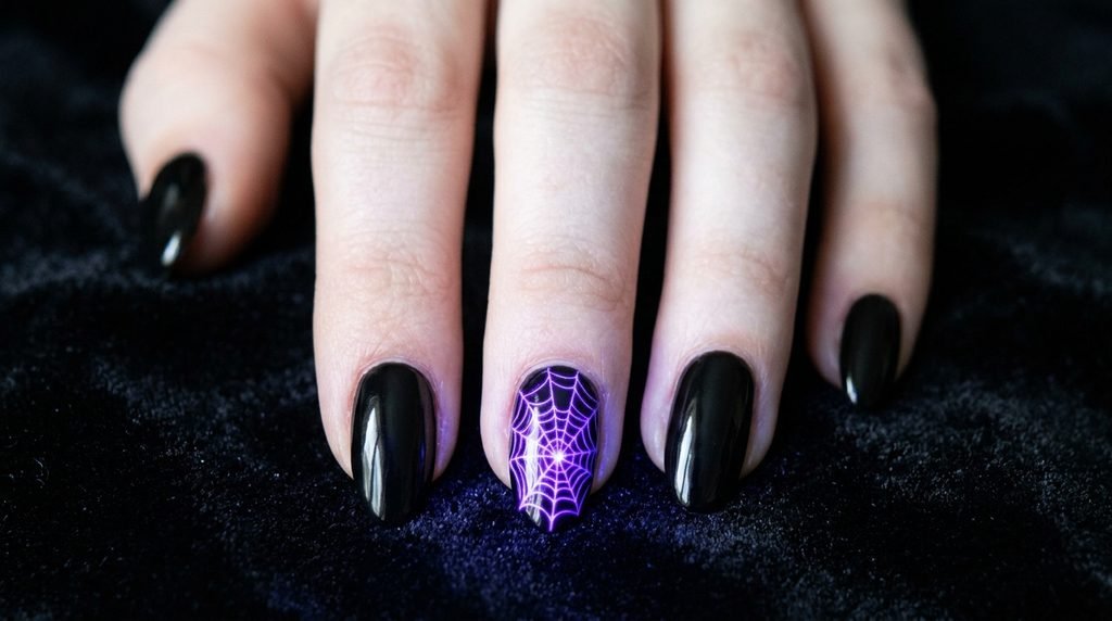 Black almond nails featuring an accent nail with glowing electric purple spiderwebs on velvet.