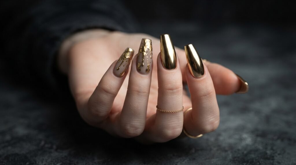 An 18-year-old female hand with very white skin displaying long coffin nails with bold gold splatter and full chrome polish.