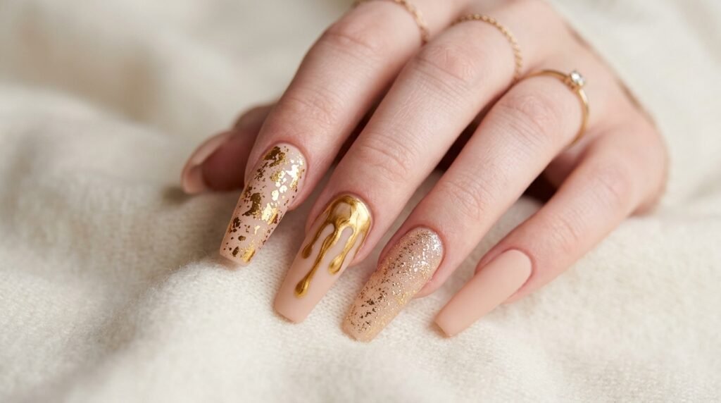 An 18-year-old female hand with very white skin tone showing three gold splatter art variations on matte nude nails.