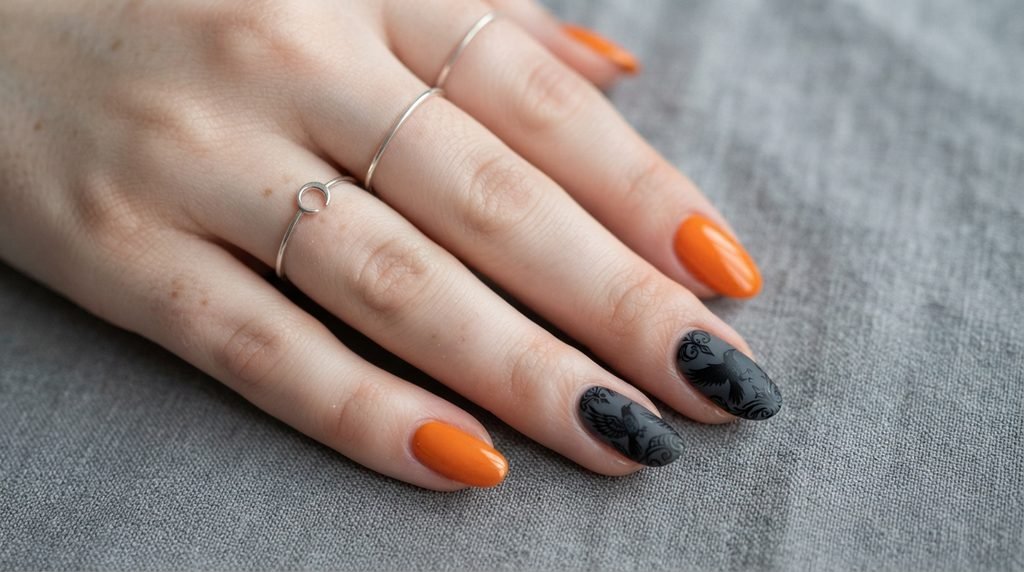 Hand showing two dark gothic raven nails next to two bright orange Halloween nails.