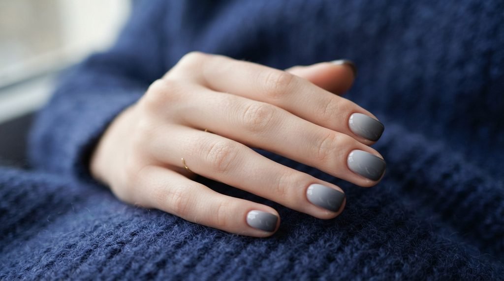 A close-up photograph of short square nails with a smooth gradient from light fog gray to deep charcoal gray, against a blurred indigo-blue woolen background.