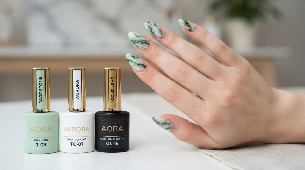 Manicured jade marble nails next to gel polish bottles.