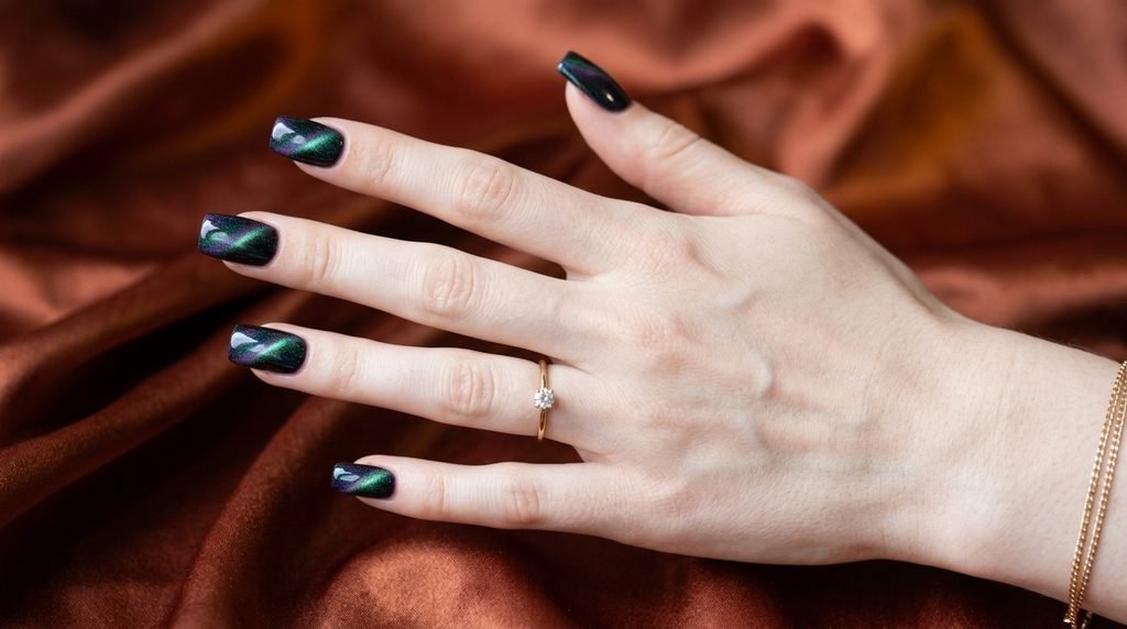 Square jewel-toned magnetic nails on an eighteen-year-old female hand with very white skin against dark copper satin.