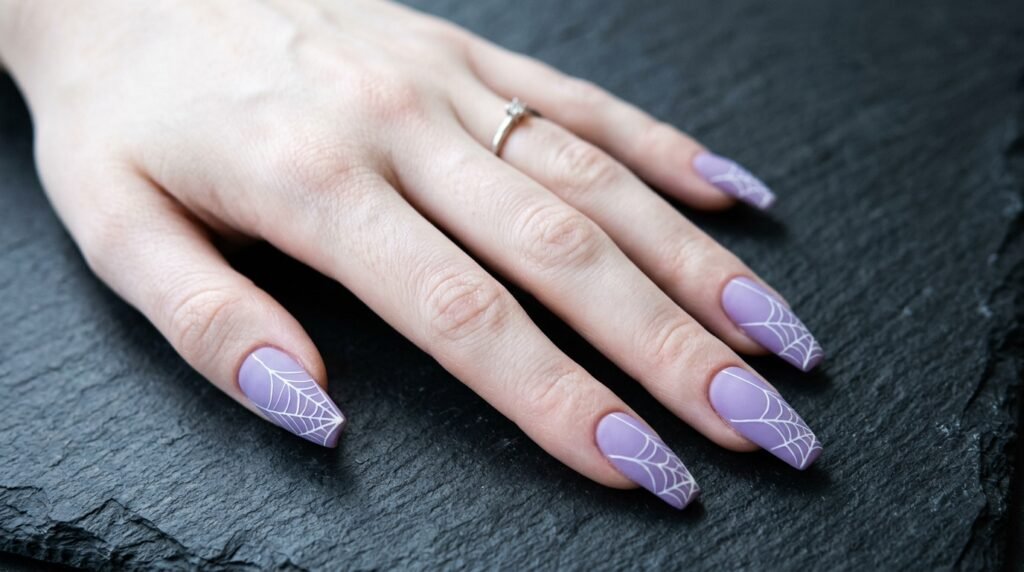 Matte lavender coffin nails with white spiderwebs on an 18-year-old female hand with very white skin tone.