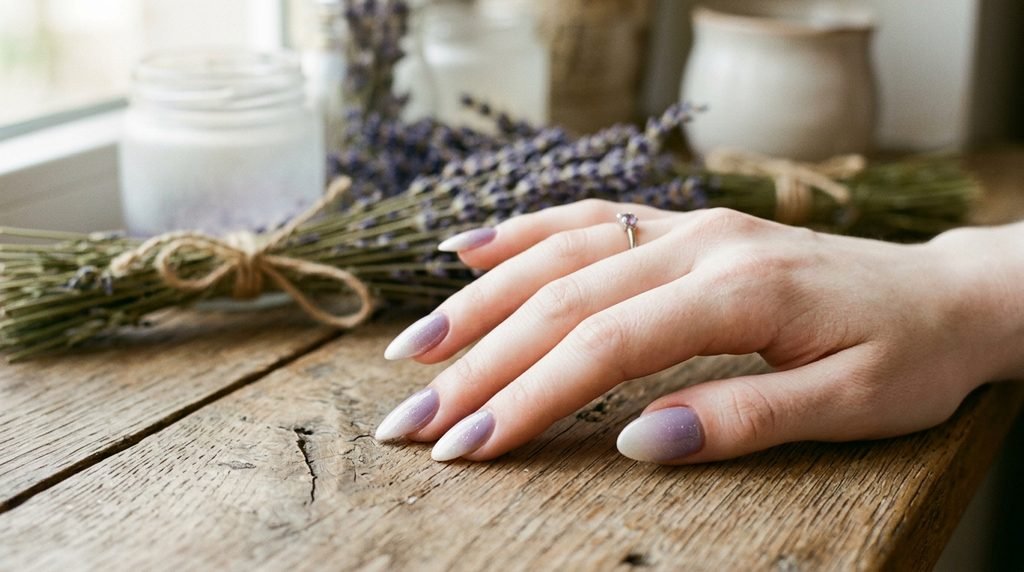 Close-up of lavender to white ombré nails on a female hand against a blurred rustic winter background.