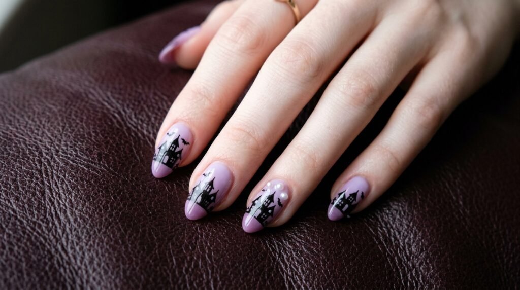 Lilac gradient almond nails with black haunted house silhouettes and pearl studs on an 18-year-old female hand.