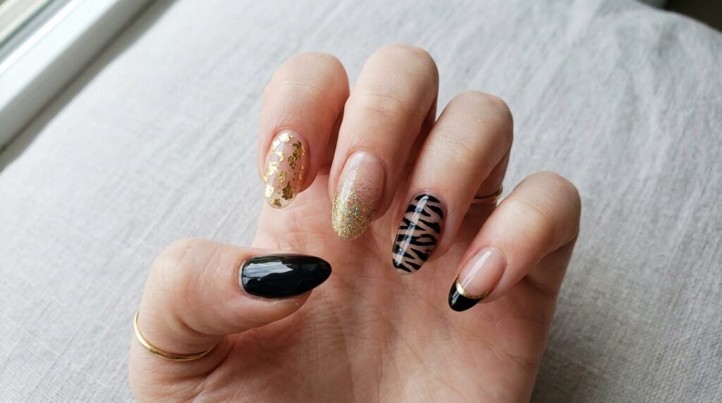 Coordinated mismatched black and gold nail art set shown on an 18-year-old female hand with white skin.