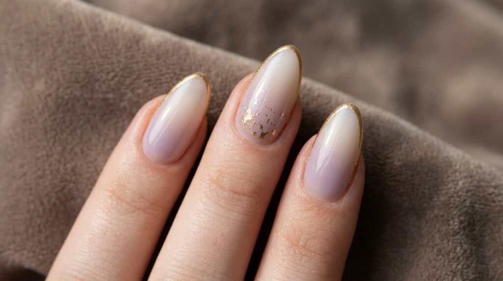 Close-up of three fingers with very white skin showing sheer nude gradient almond nails (lavender to milky white) with precise thin gold outlines.