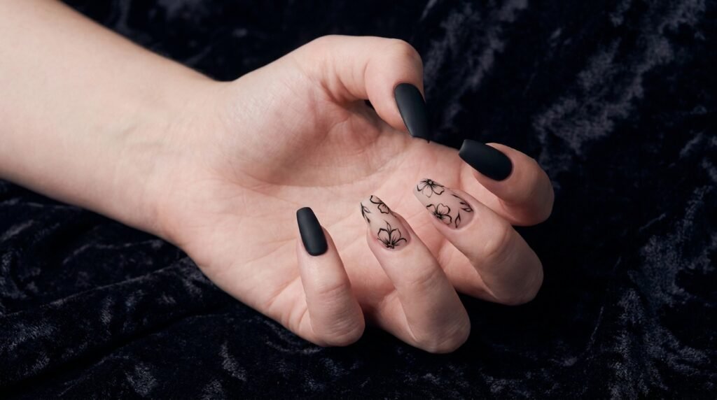 A female hand displaying matte black and nude coffin nails in a soft claw pose.