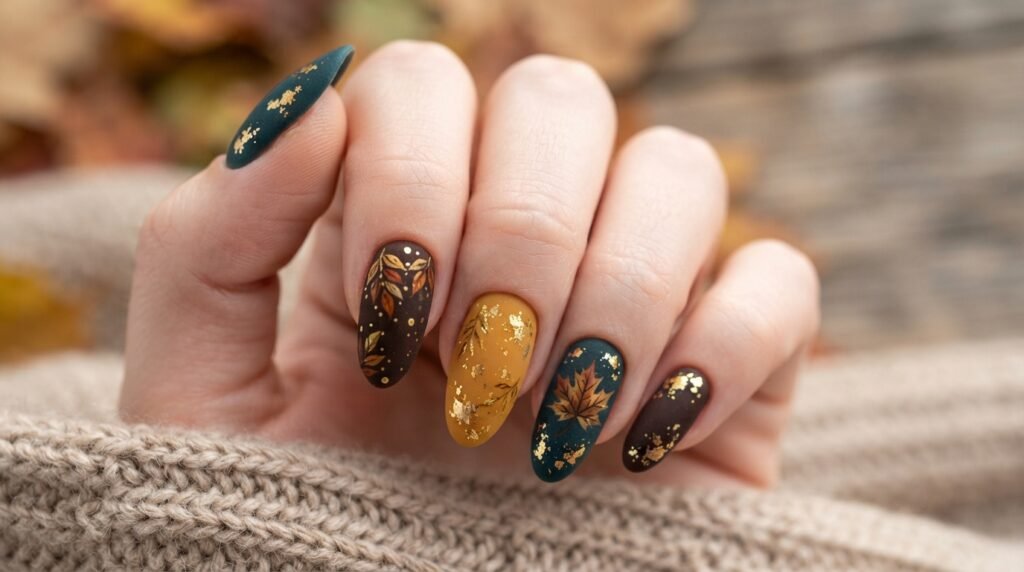 Non-glare matte finish shown across all 5 mismatched fall nails on white skin.