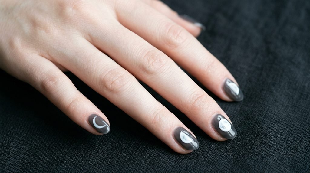 Short almond nails showing progressive white moon phases on a dark grey base.
