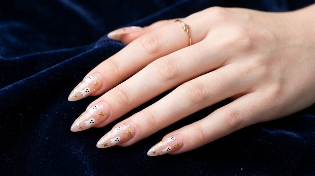 Sheer blush stiletto nails with white ghosts and gold foil stars on an 18-year-old female hand with very white skin.