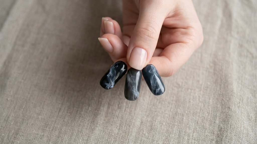 Three nail swatch tips showing black and charcoal marble bases held by a female hand with white skin.