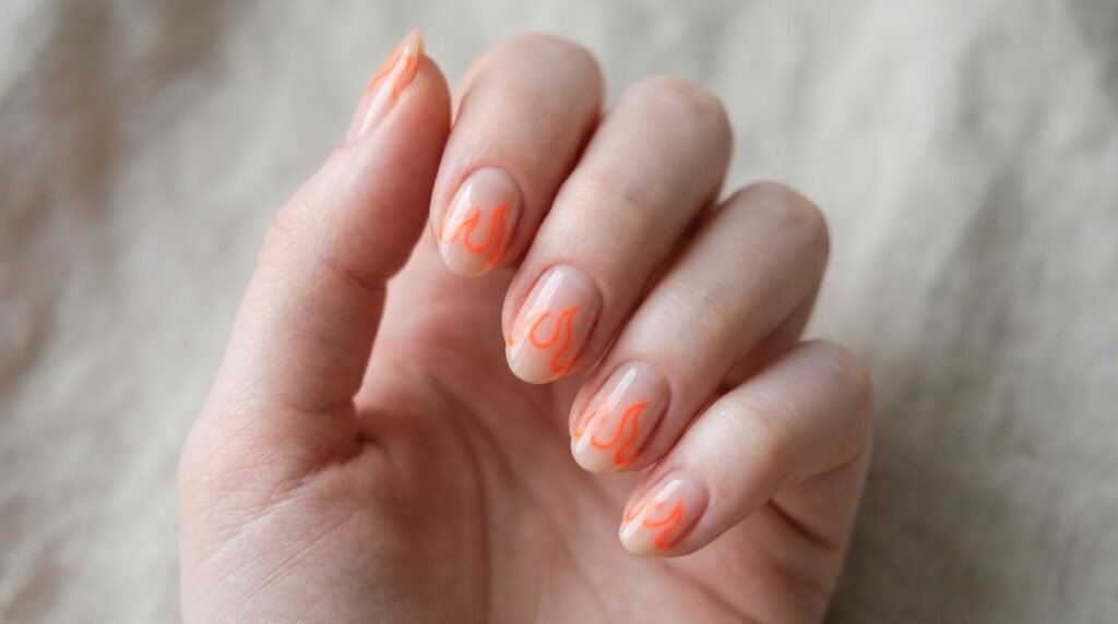 Minimalist neon orange flame outline nail art on short natural oval nails on white skin hand.