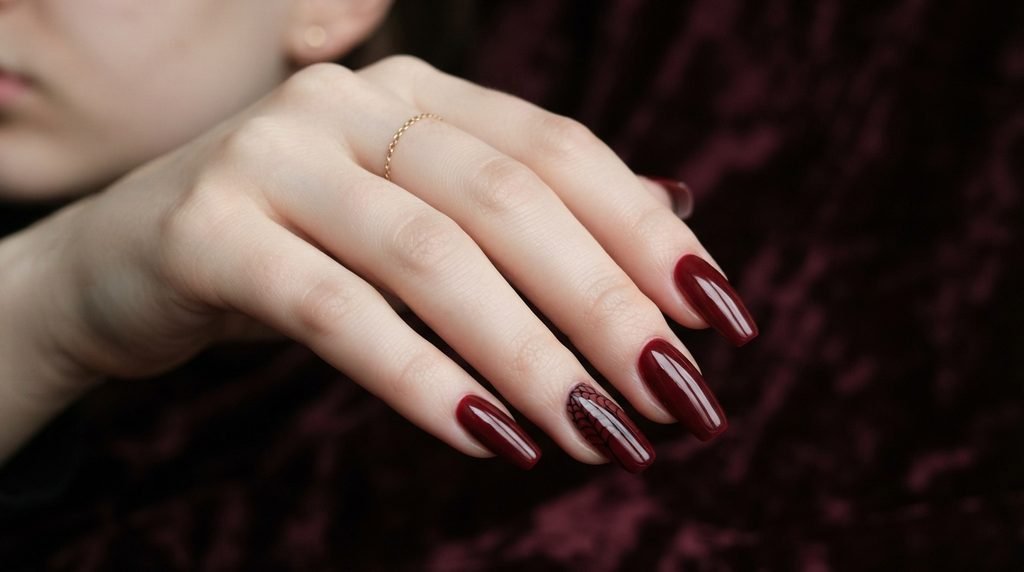 A close-up photograph of glossy deep red coffin nails featuring a fine black spiderweb design on the ring finger.