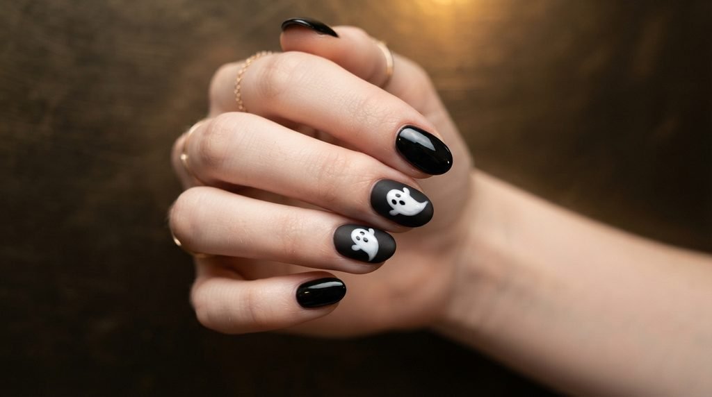 Close up of white skin hand showcasing contrast between matte black nails and glossy ghost art