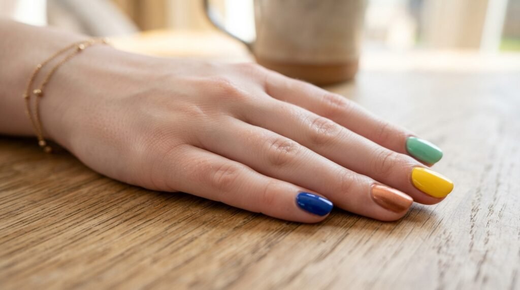 Full female hand with very white skin showing 5 mismatched nails with a teal middle finger.
