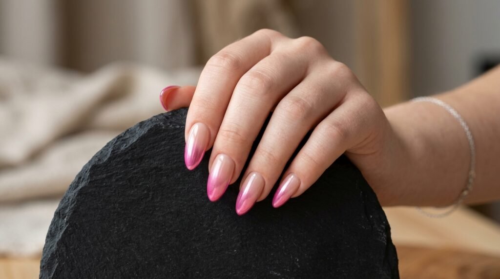 Long almond nails featuring a nude-to-pink chrome ombre fade on an 18-year-old female hand with pale skin.