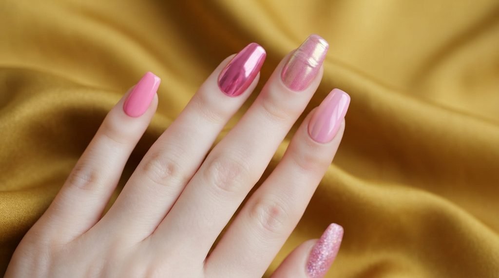 Close-up photograph of an 18-year-old female hand with smooth, very white skin, displaying medium-length almond nails with flawless bubblegum pink cream and intense mirror-like hot pink chrome finishes, curved to clearly compare the looks, posed against a luxurious soft mustard yellow silk background.