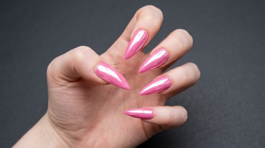 Long stiletto nails with bright bubblegum pink chrome finish on an 18-year-old female hand against a dark charcoal background.