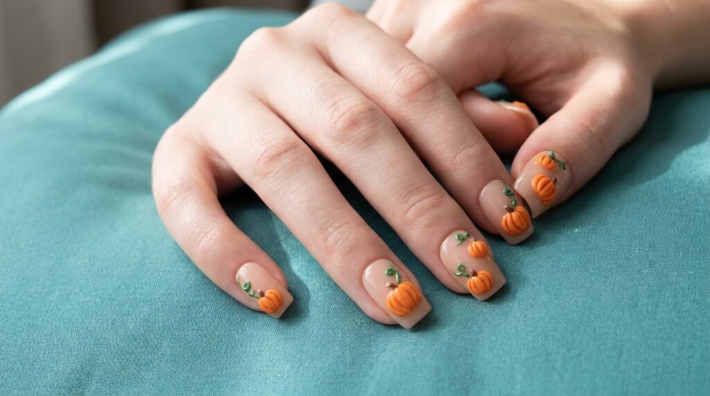 Medium press-on nails on an 18-year-old white hand with 3D pumpkin accents over a nude base.
