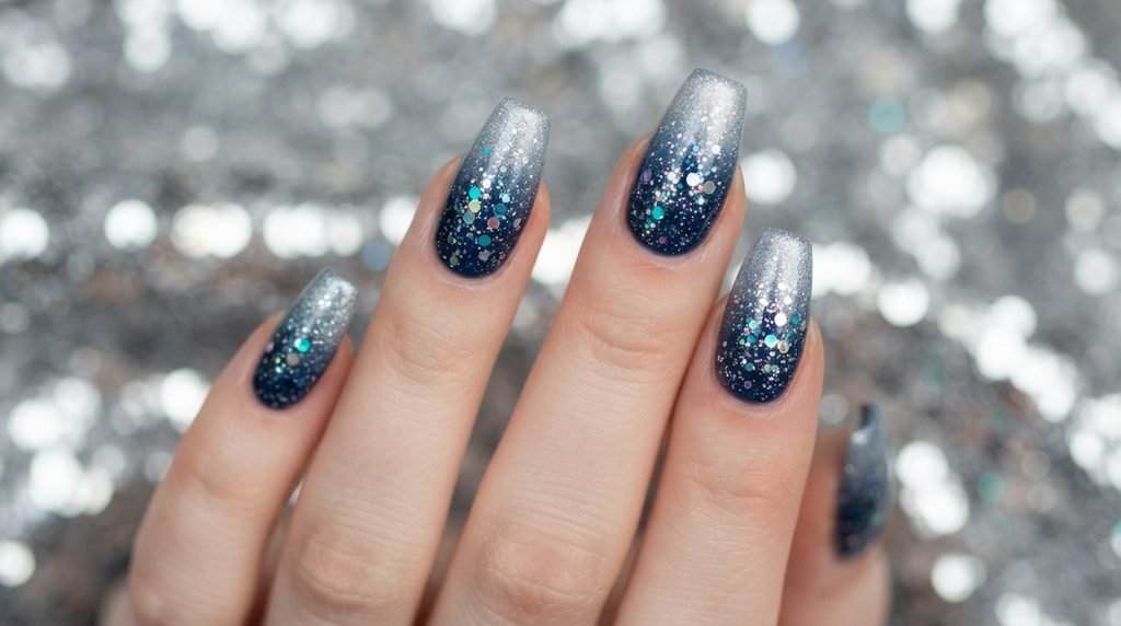 Macro close-up of coffin nail with icy blue ombré and intense silver iridescent glitter against sequin background.