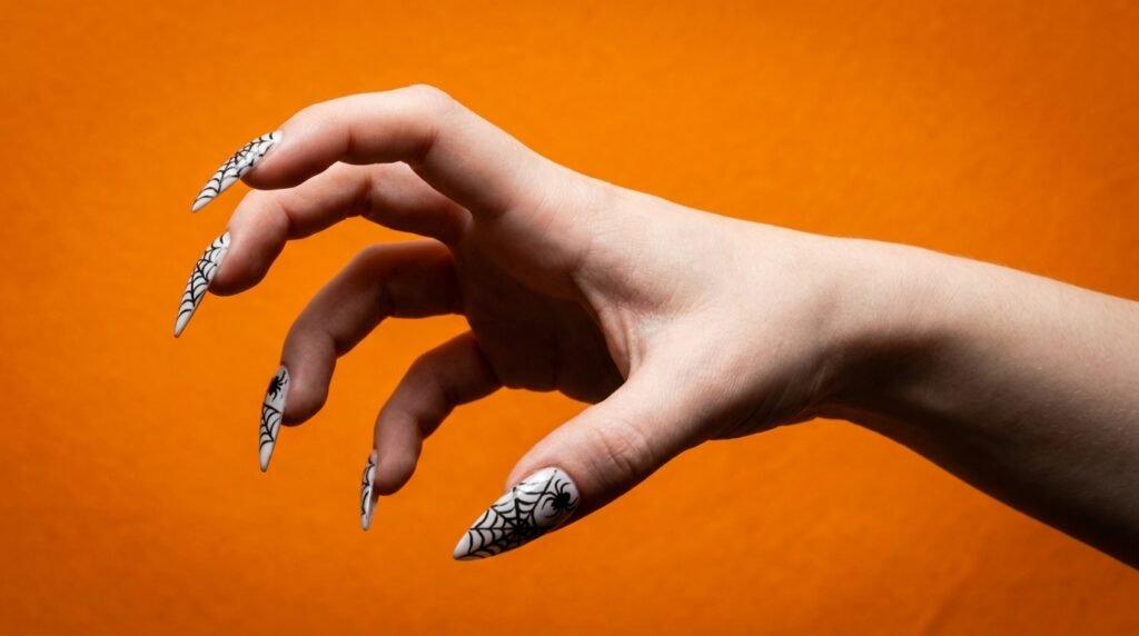 Long coffin nails painted in black, orange, and white colors on an 18-year-old female hand with white skin.