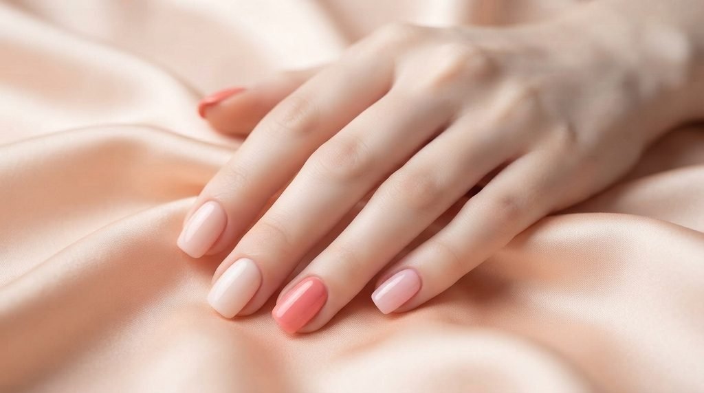 Close-up photograph of an 18-year-old female hand with smooth, very white skin, showcasing diverse short, rounded nails with flawless baby pink, coral-pink, and milky pink cream finishes, posed against a luxurious soft peach silk background.