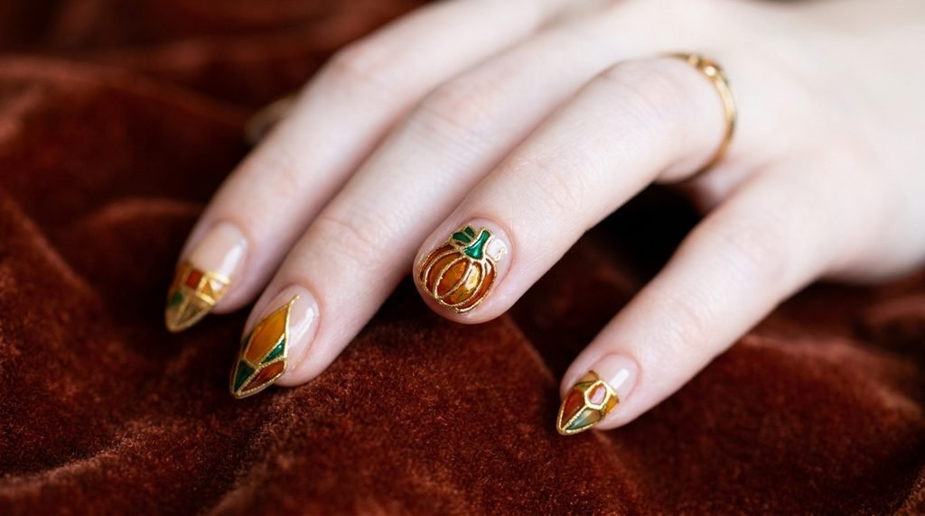 Detailed close-up shot of an 18-year-old female hand with very white skin showcasing a sophisticated stained glass pumpkin nails design with gold outlines and rich colors on an almond nail shape.