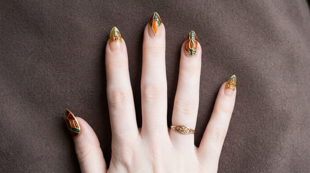 Close-up photograph of an 18-year-old female hand with very white skin and long, perfectly sculpted stained glass nails almond showcasing intricate halloween nail art designs against a minimalist taupe background.