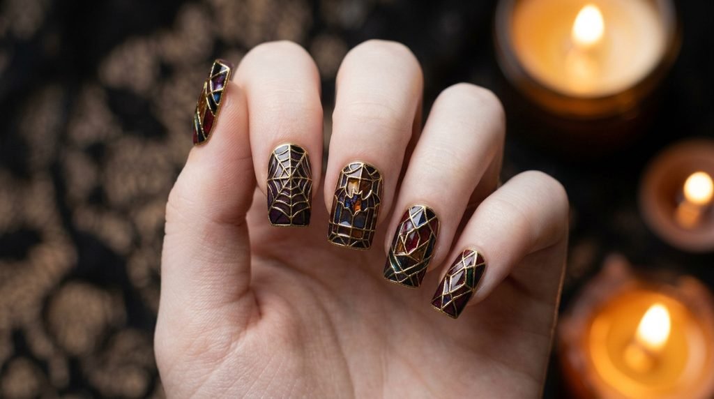 Close-up of square-shaped colorful spooky nail design featuring stained glass spiderwebs and bats on an 18-year-old female hand with very white skin against a dark lace and candlelight background.