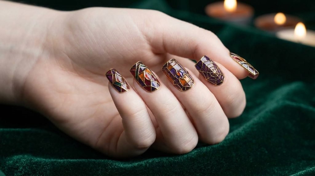 Close-up photograph of an 18-year-old female hand with very white skin holding a cupped pose over emerald-green velvet to showcase almond-shaped stained glass nail art.