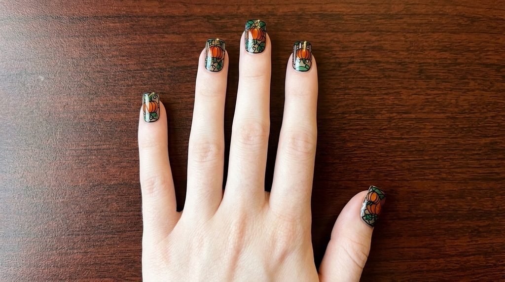 Close-up shot of an 18-year-old female hand with very white skin in an open-palm pose on dark mahogany wood showing press-on stained glass nail art.