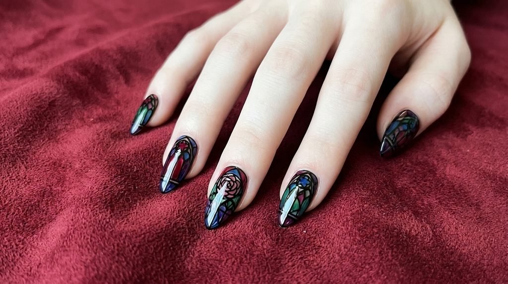 Close-up photograph of stiletto nails with stained glass art on an 18-year-old female hand with very white skin pressing against crimson suede.
