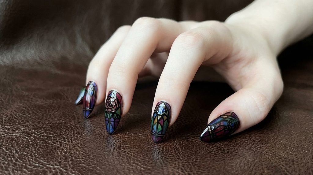 Close-up shot of stiletto-shaped cathedral window nails on an 18-year-old female hand with very white skin resting on dark brown leather.